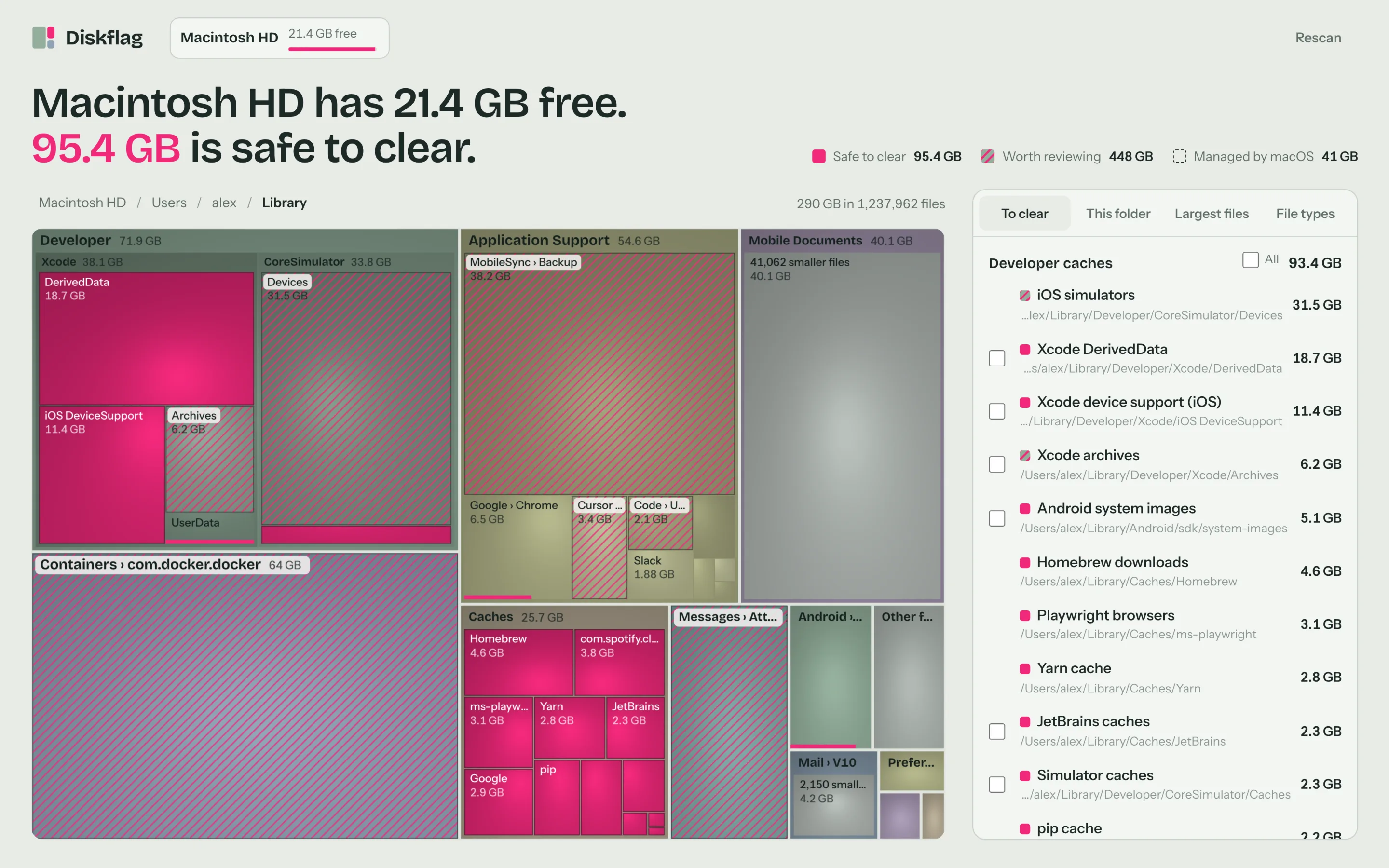 Diskflag zoomed into a Mac's Library folder: Xcode DerivedData, device support and app caches are marked pink, with a list of what to clear beside the map