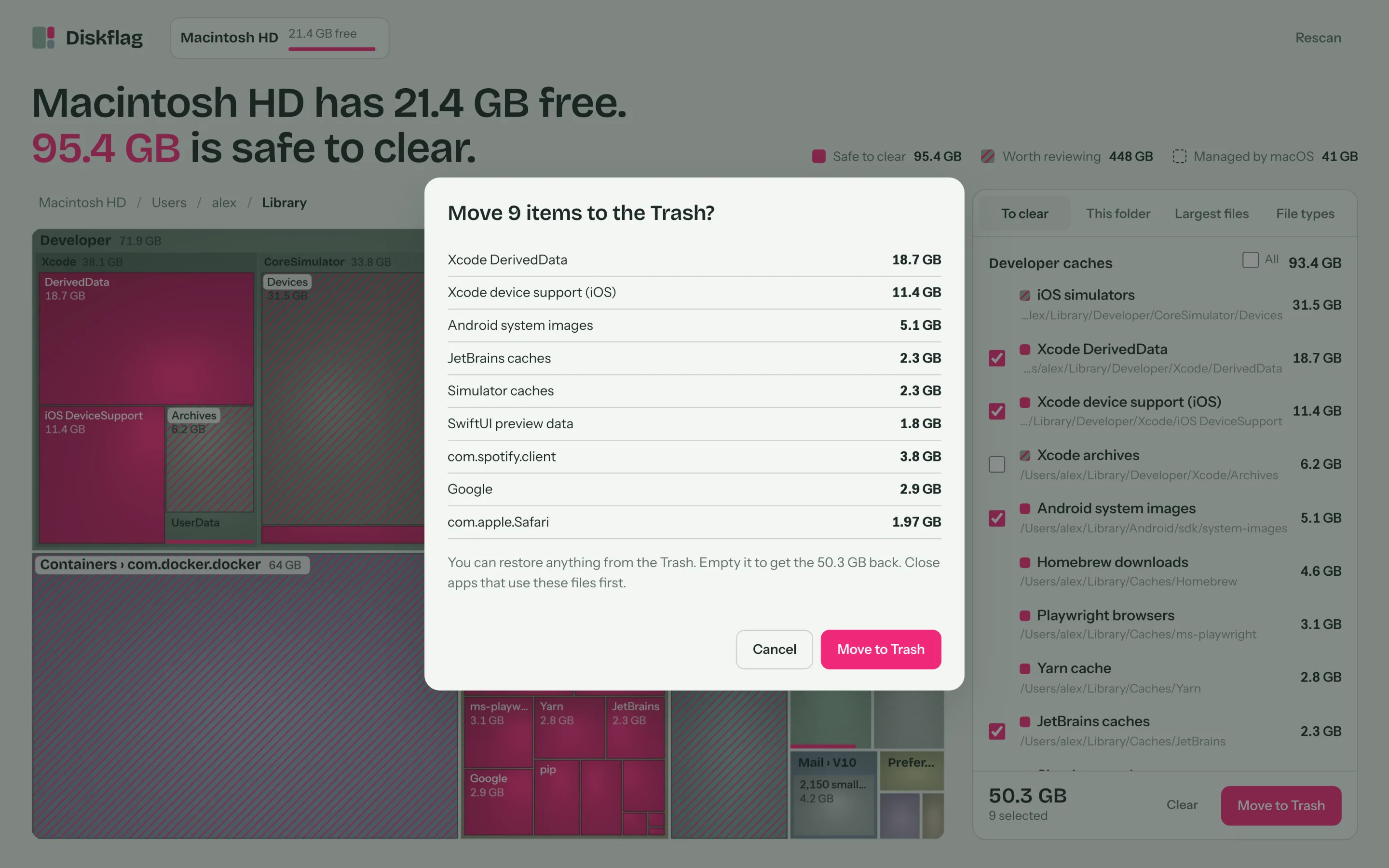 The confirm dialog listing nine items and 50.3 GB to move to the Trash