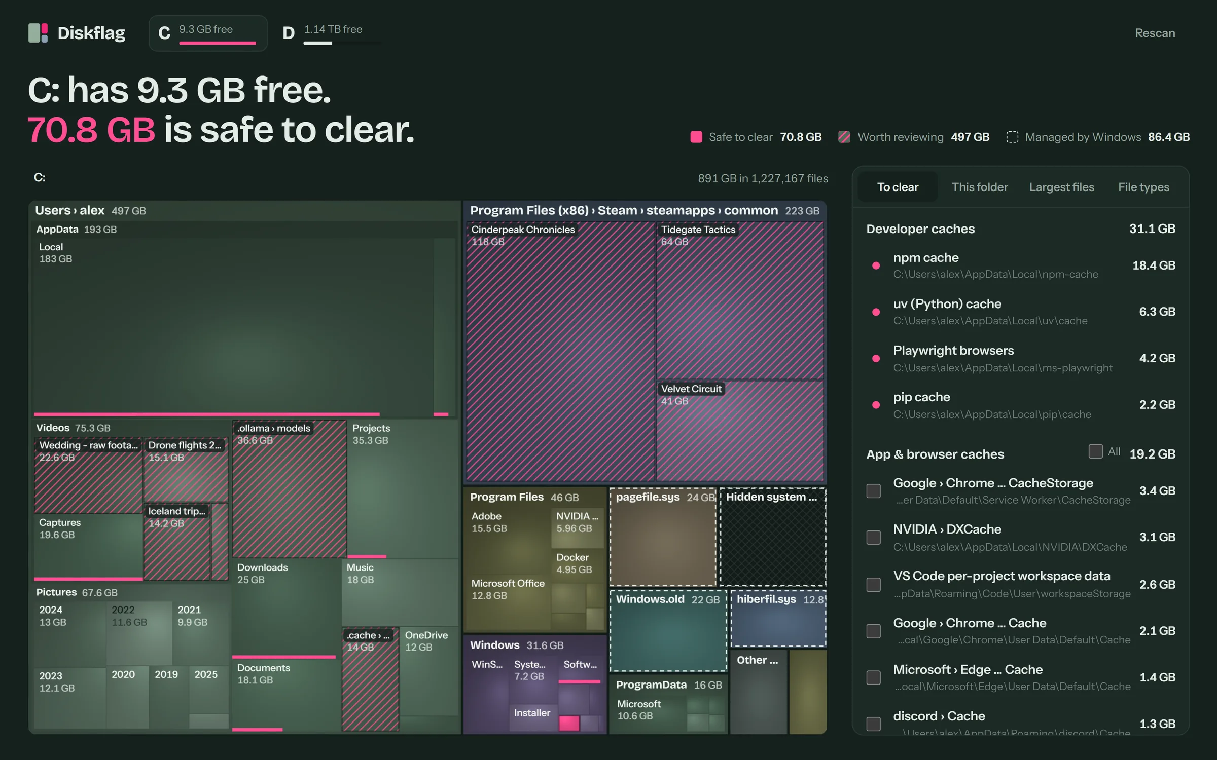 Diskflag in dark mode showing the whole C: drive